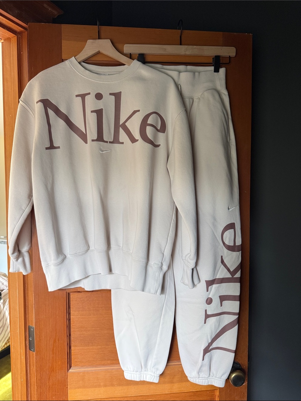 Nike Cream Crewneck and Joggers with Mauve Logo